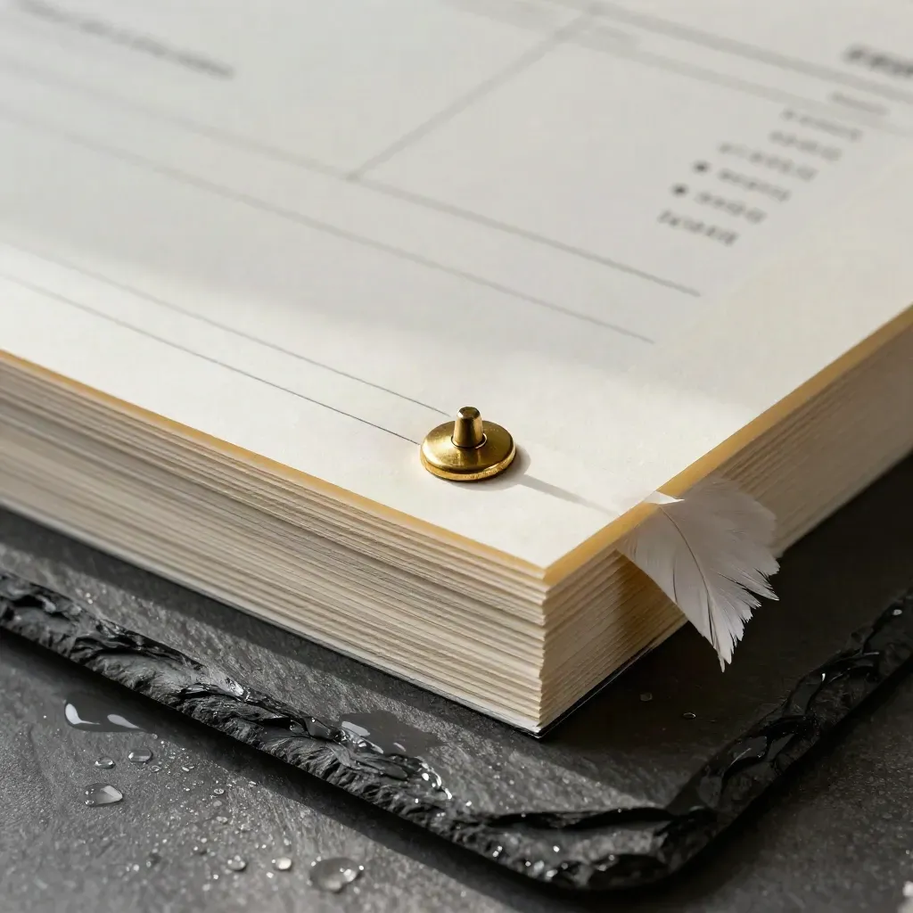 Cream invoice sheets clipped in a charcoal folder, wet slate tray, brass staple, macro close-up