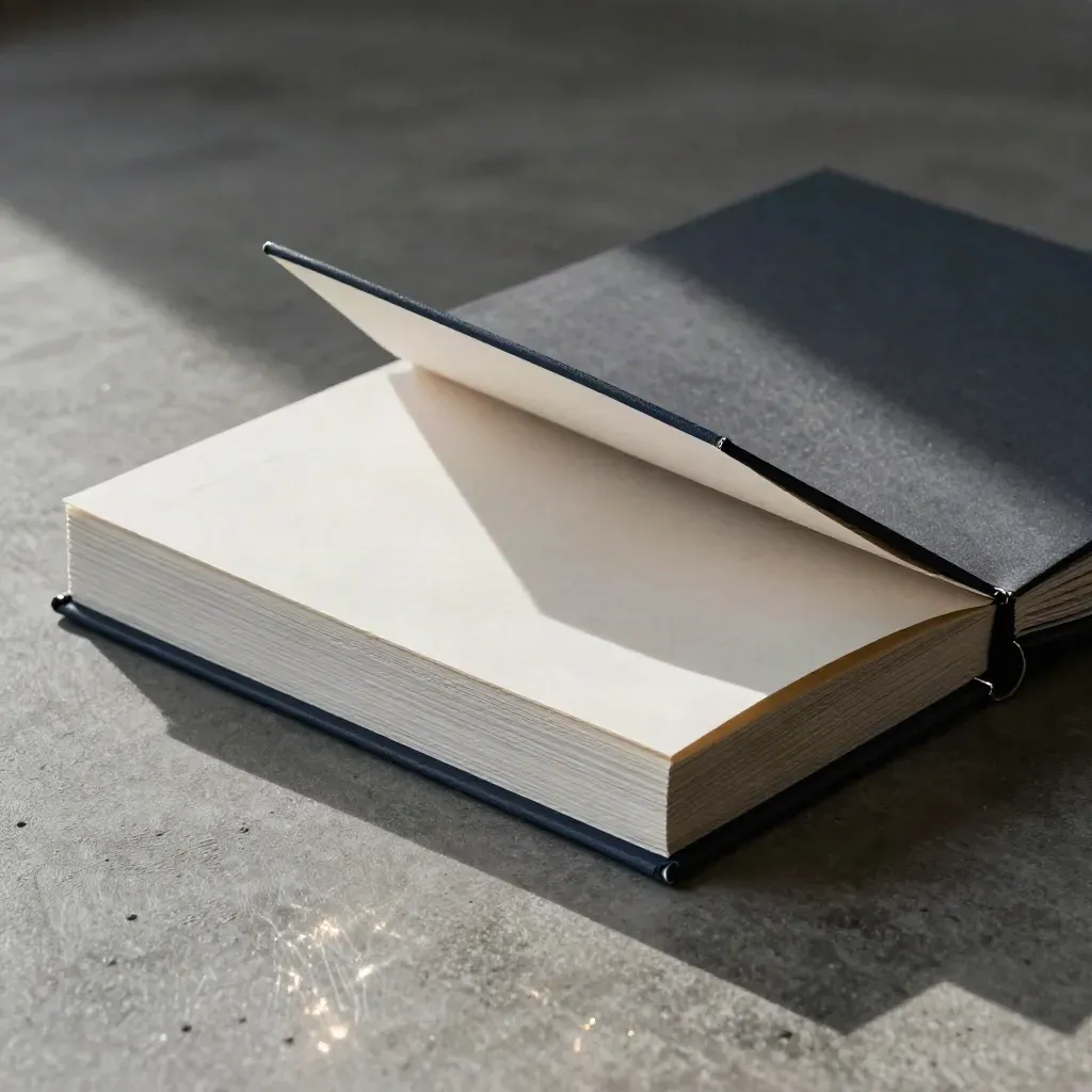 Agency proposal folio mid-splay on brushed concrete under dramatic studio light.