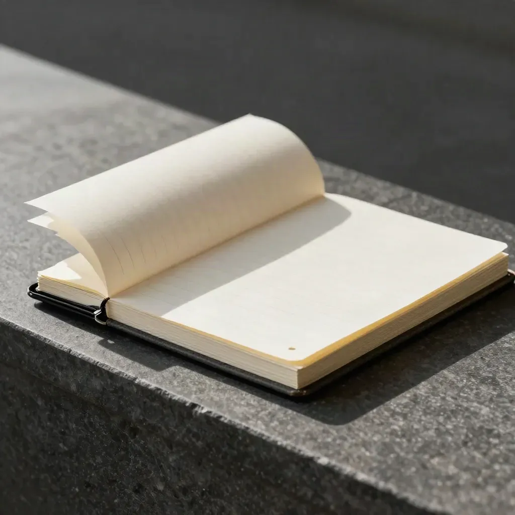 Bound quote pad with curling page and duplicate stack on a charcoal stone ledge.