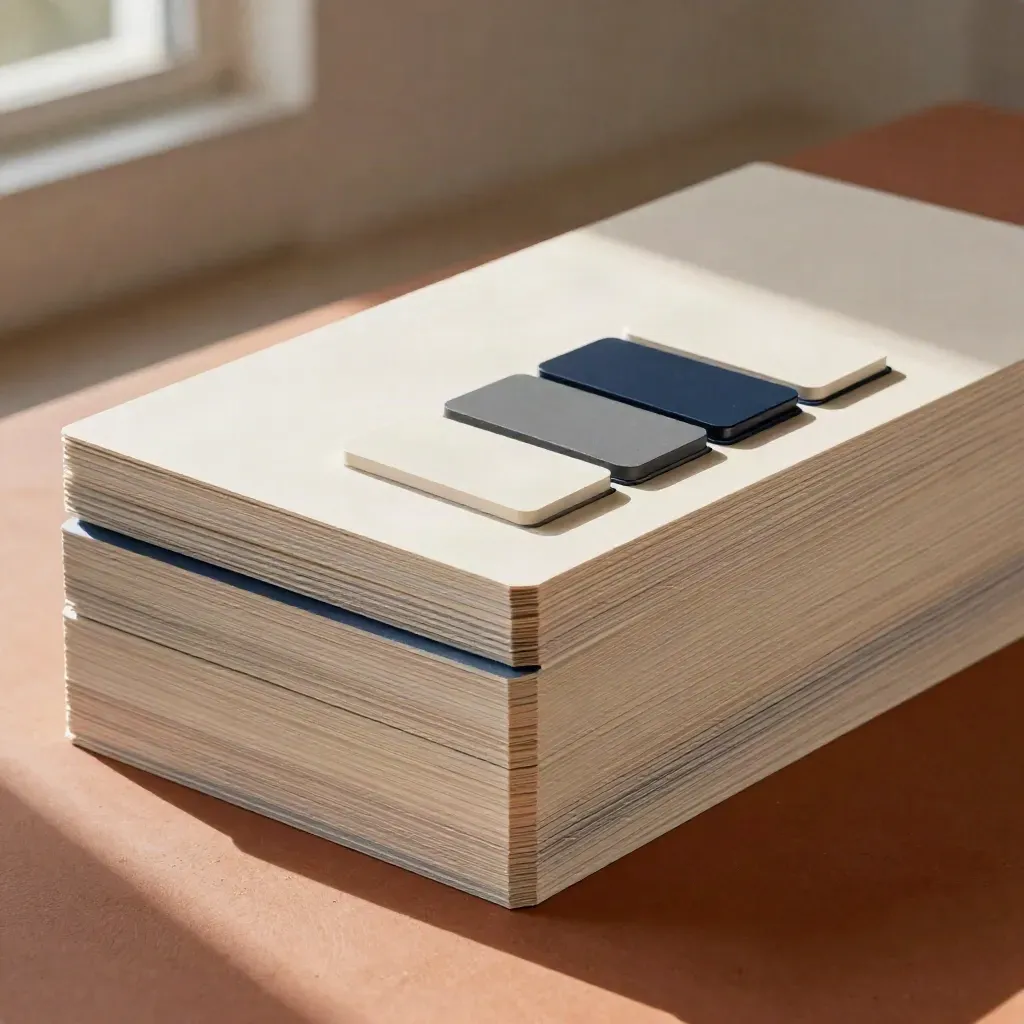 Stacked website-kit mockup slabs and navy-edged folio on terracotta plinth, low hero angle.