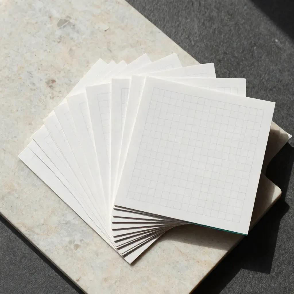 Overhead fan of square social post template cards on pale stone with muted teal accents.