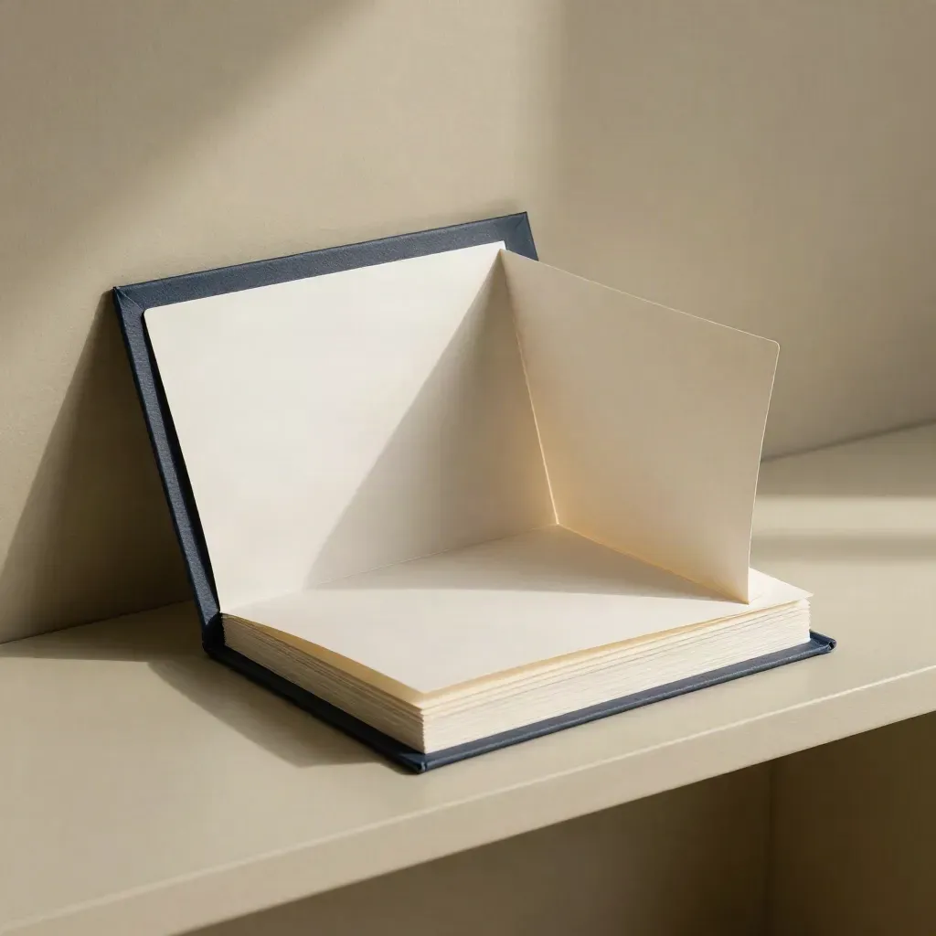 Open onboarding folder with card insert, folded note card and sealed packet on a warm plaster shelf.