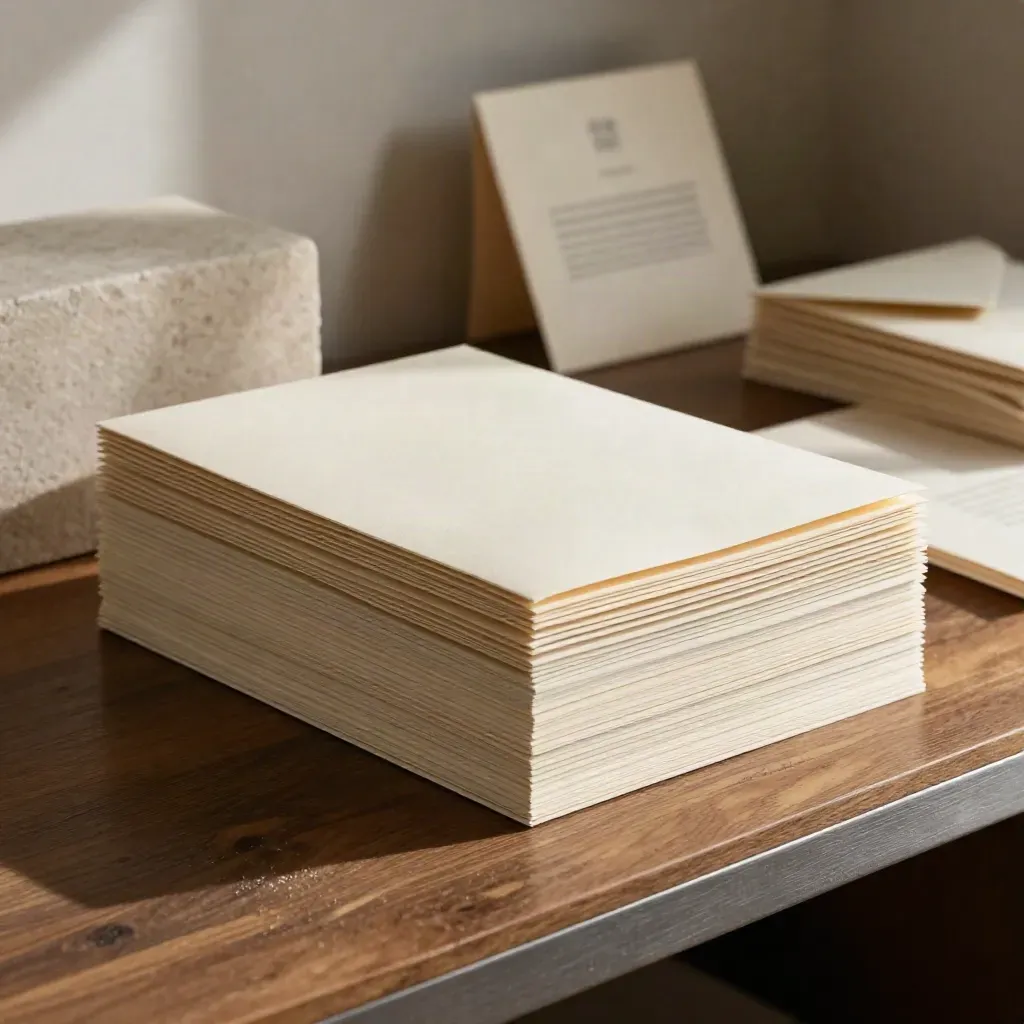 Low-angle hero of stacked letterhead folios with envelopes on a stone block.