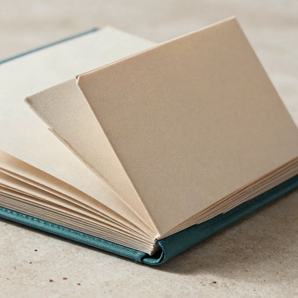 Macro of a folded menu folio in linen and thick card on pale stone with a teal accent