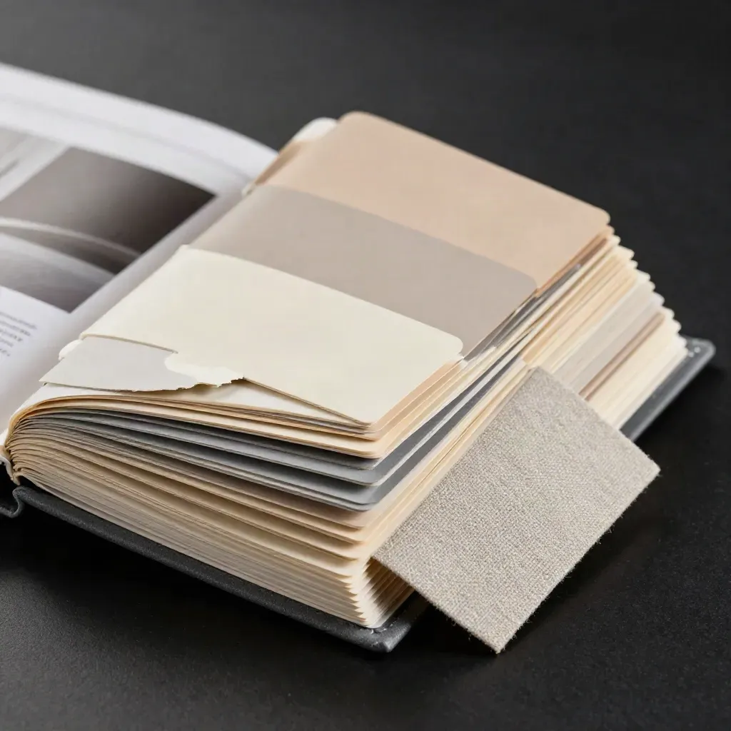 Extreme macro of a brand style guide book with swatches, tabs, and cloth sample on black
