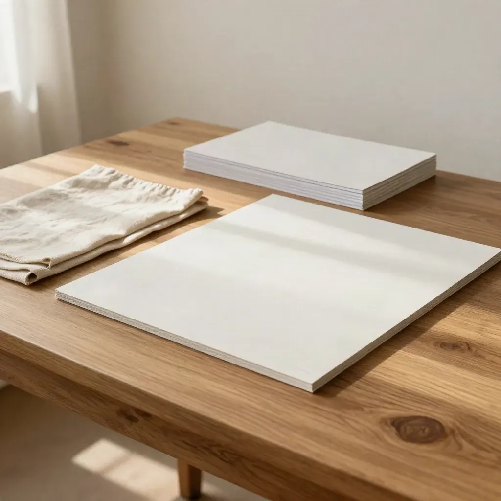 Warm oak worktable with blank boards, linen, and plaster wall in soft morning light.