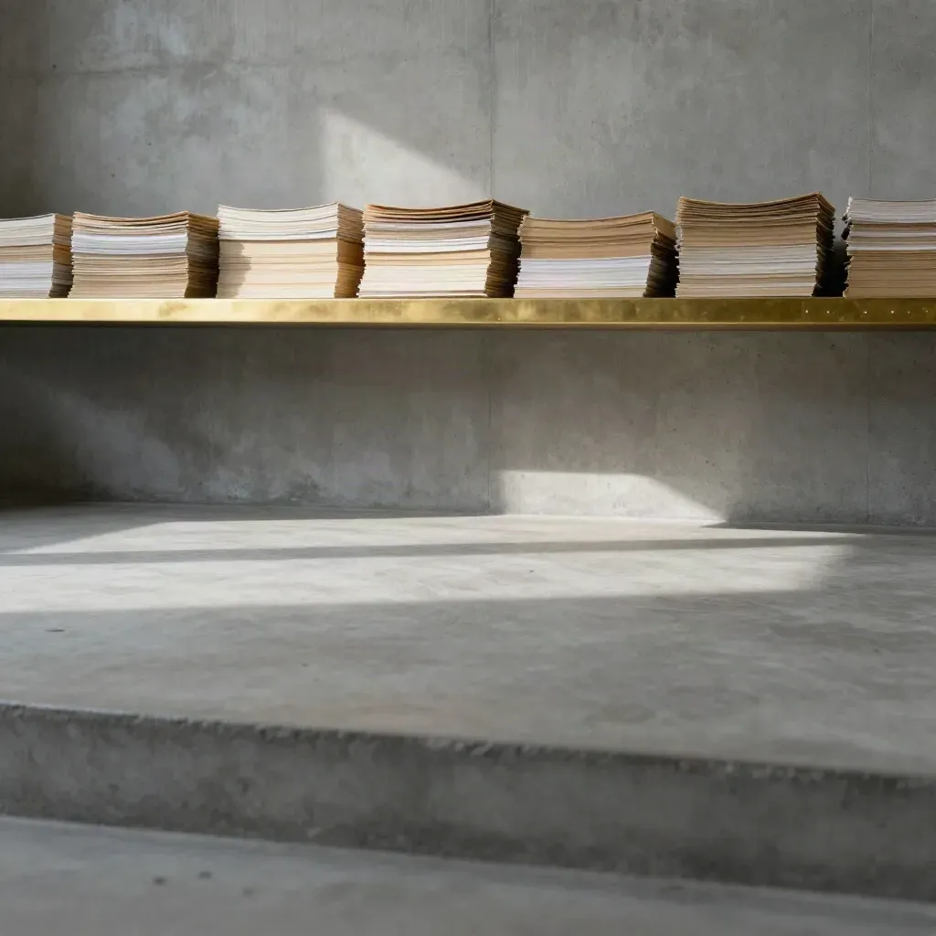 Sunlit concrete archive room with brass shelf, pale paper stacks, and calm open floor