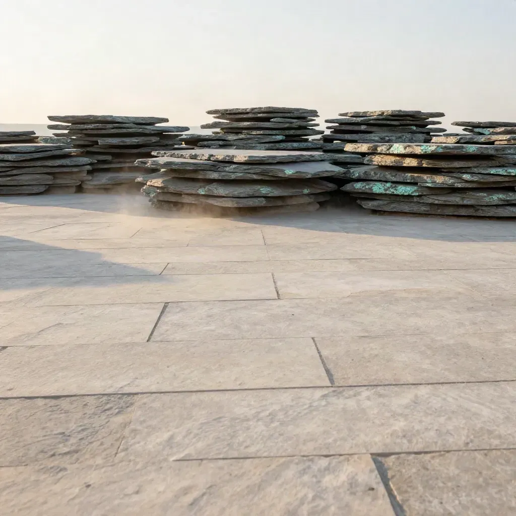 Stone courtyard with stacked slate plinths under pale sky, calm open foreground