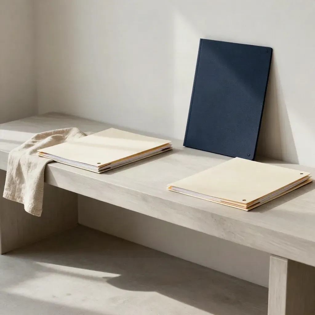 Plaster nook with pale wood bench, linen, and document folders in soft morning light.