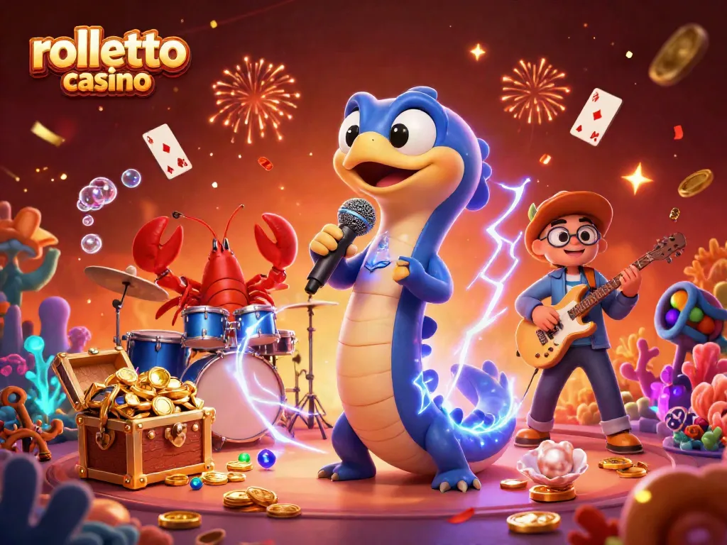 rolletto casino showcases vibrant underwater entertainment with an electric eel DJ and casino-themed elements