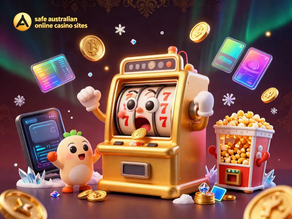 Engaging illustration depicting the excitement of safe australian online casino sites with a golden slot machine celebrating a jackpot.