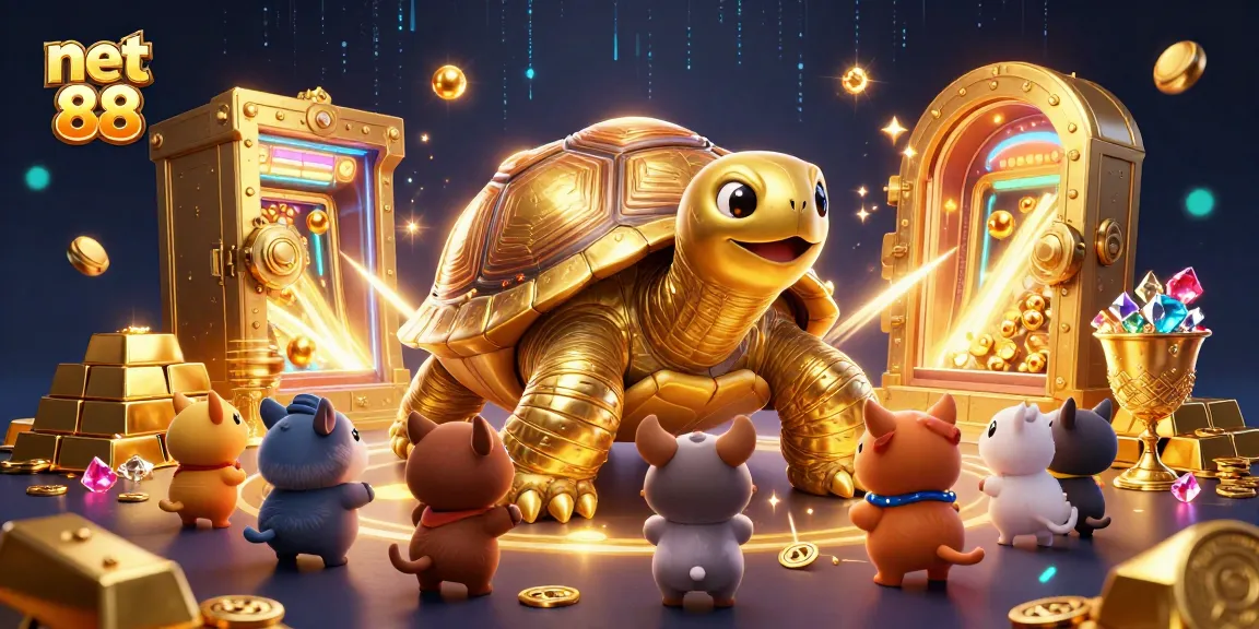 Experience net 88 with a vibrant scene of a golden tortoise as a pinball machine amidst treasures and eager players.