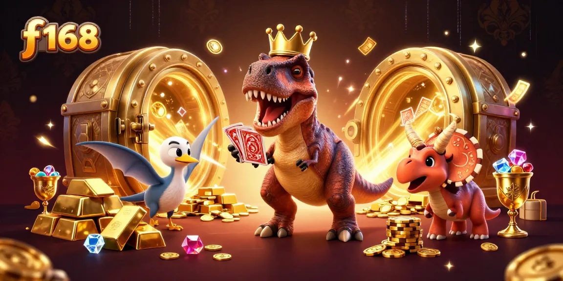f168 players entering a vibrant casino adventure with friends under a golden vault, shuffling cards and stacking chips.