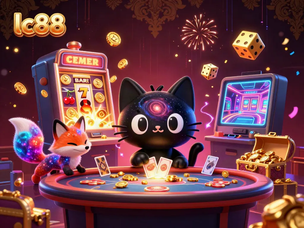 Engaging lc88 casino scene featuring a black hole cat and colorful fox, radiating excitement and charm.