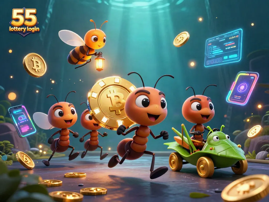 Engage with 55 lottery login features in a vibrant 3D scene showcasing animated characters and crypto elements.