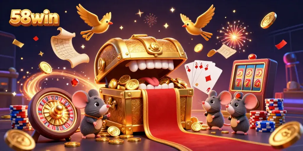 58win's captivating 3D casino illustration showcases treasure and excitement, highlighting dynamic gaming elements.