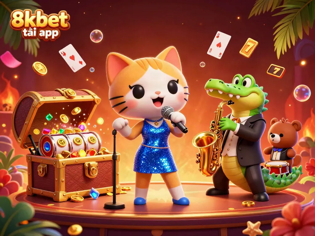 Experience the excitement of casino gaming with 8xbet tải app featuring vibrant characters in a thrilling scene.