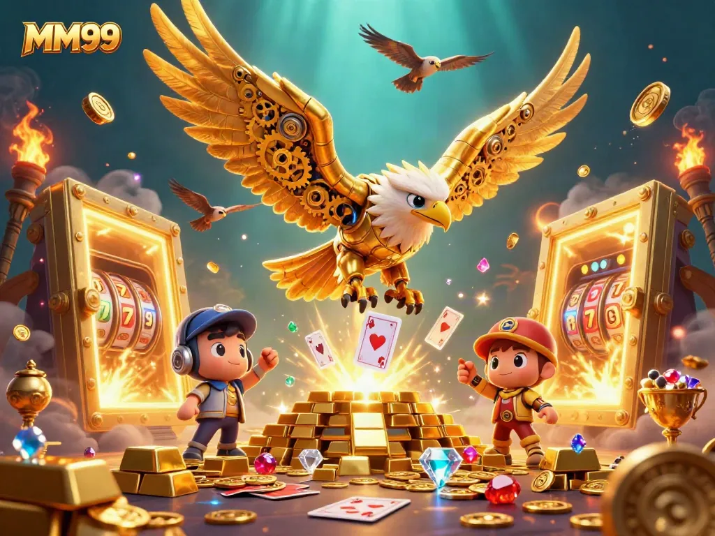 Experience thrilling gameplay at MM99 with a cybernetic eagle soaring through vibrant casino elements.