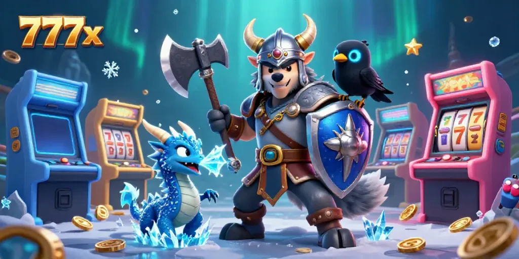 Experience thrilling adventures at 777x casino with a Viking wolf warrior and a fierce dragon.
