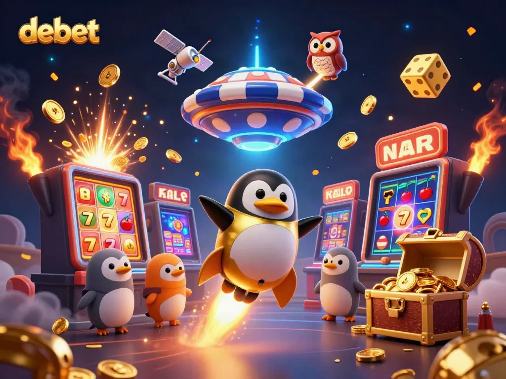 Engage with debet gaming excitement as a golden penguin flies towards a casino space station.