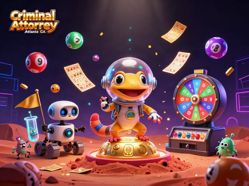 Engaging scene with a Martian gecko exploring a golden casino, representing criminal defense attorney Atlanta GA