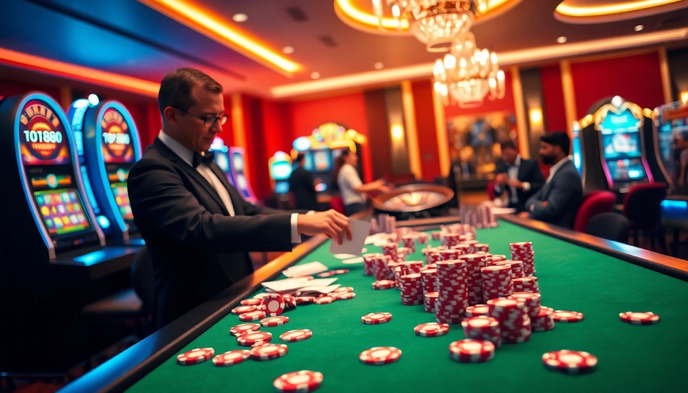 TR88 casino scene with a professional dealer and vibrant poker chips in action.