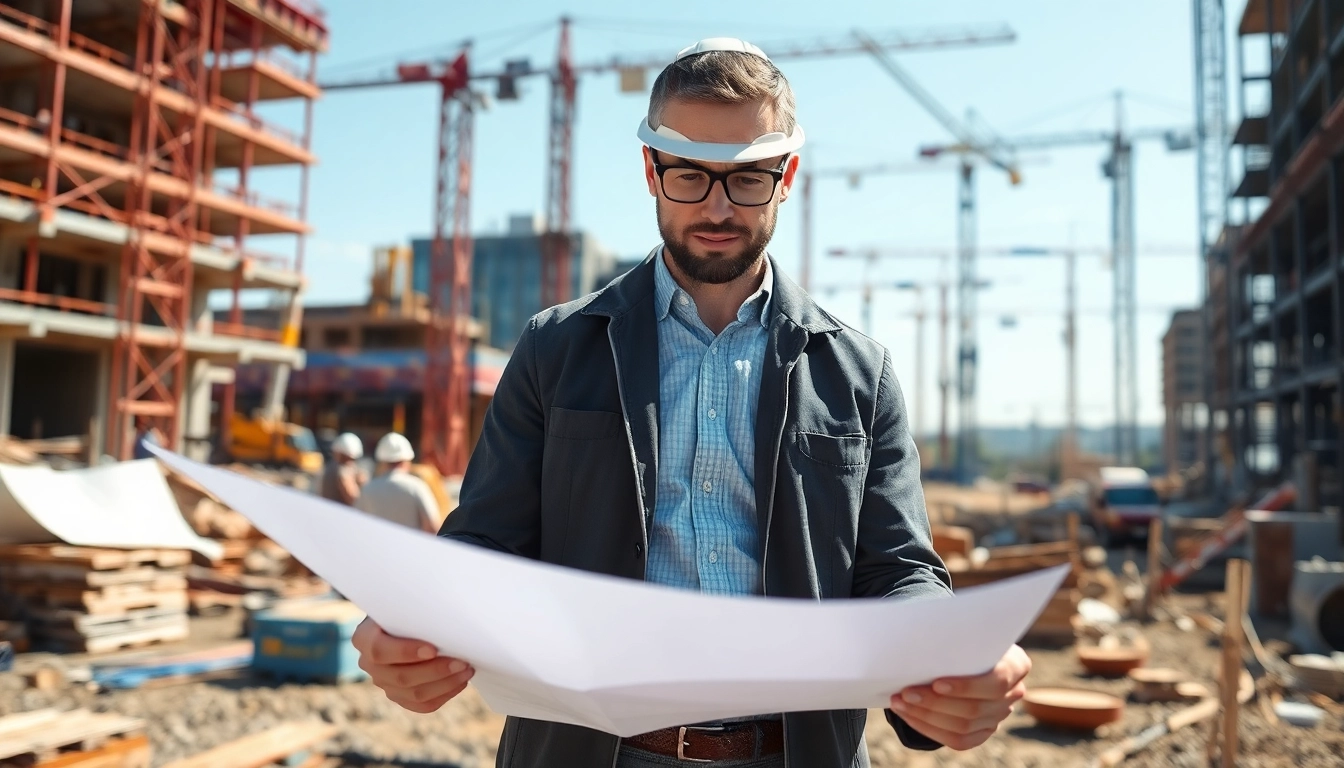 New Jersey Construction Manager analyzing construction plans at a busy site filled with activity.