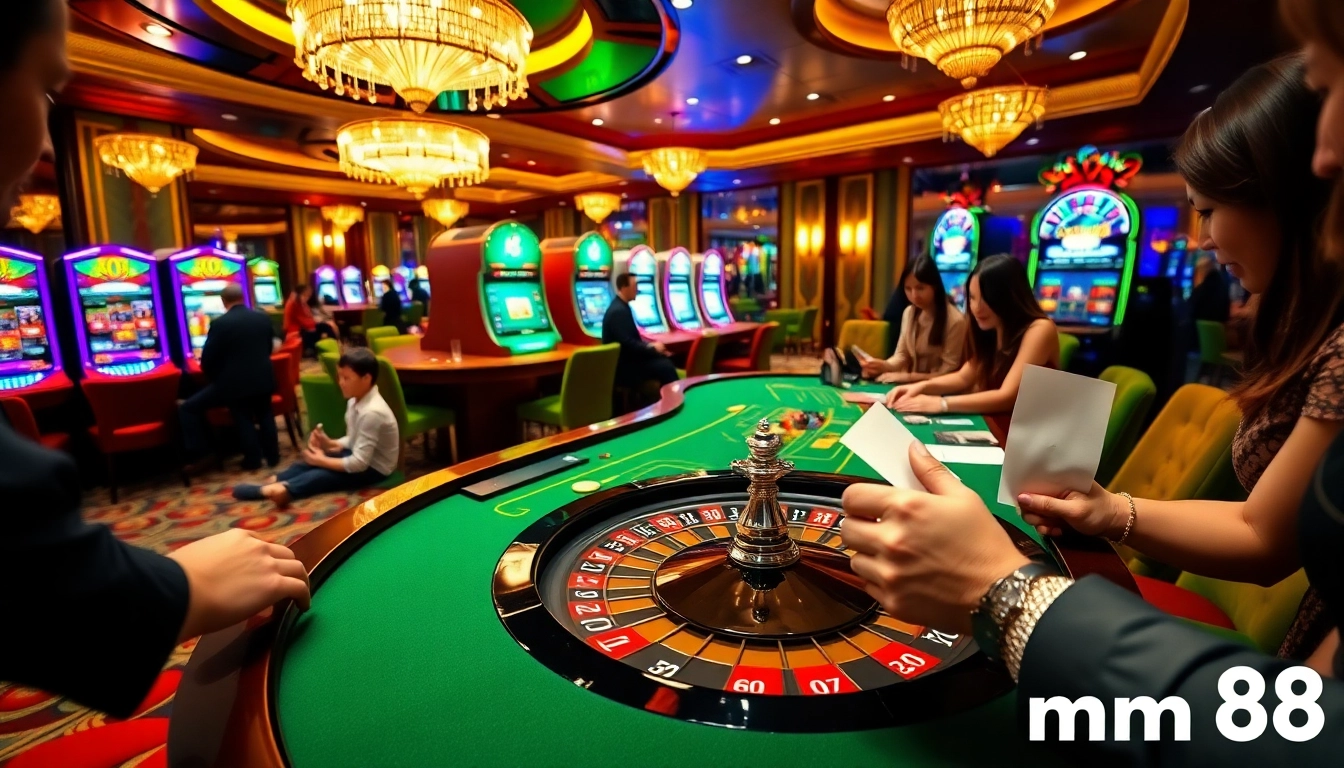 Engaging scene of players at nhà cái mm88 casino tables, showcasing action with chips and cards.