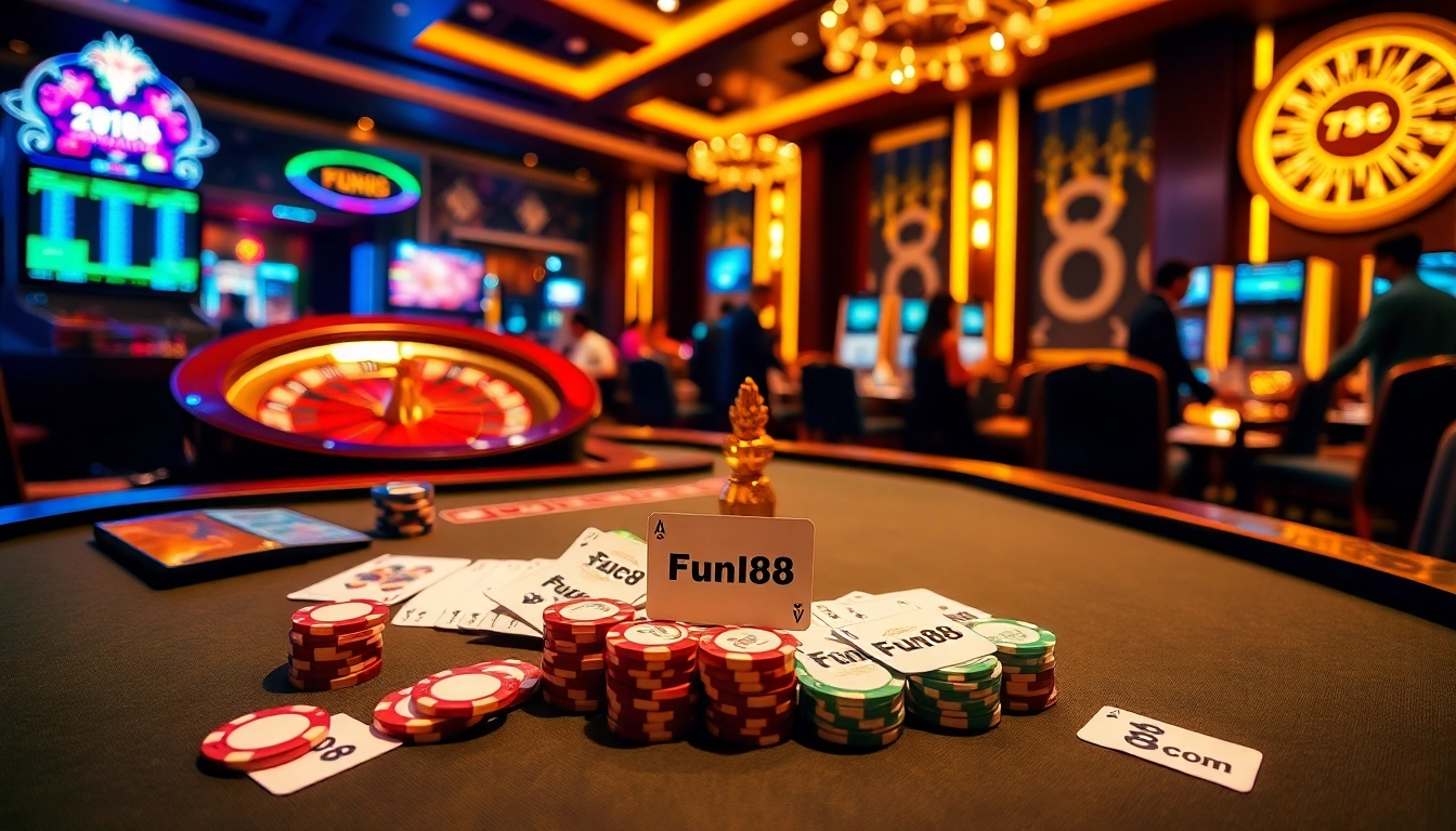 Action packed casino scene with Fun88 com branding, players at the poker table and roulette wheel.