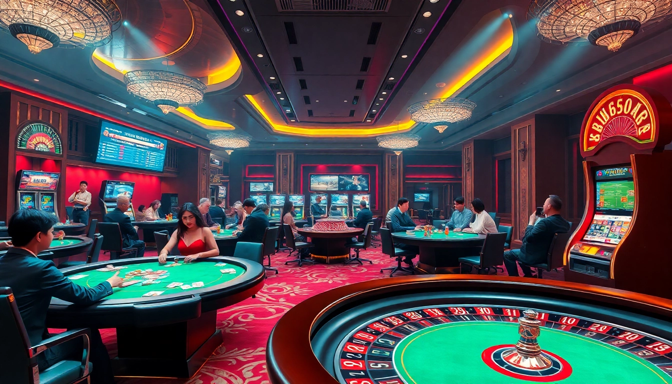 Experience thrilling gameplay at MU88's luxurious casino floor with vibrant card games and roulette.