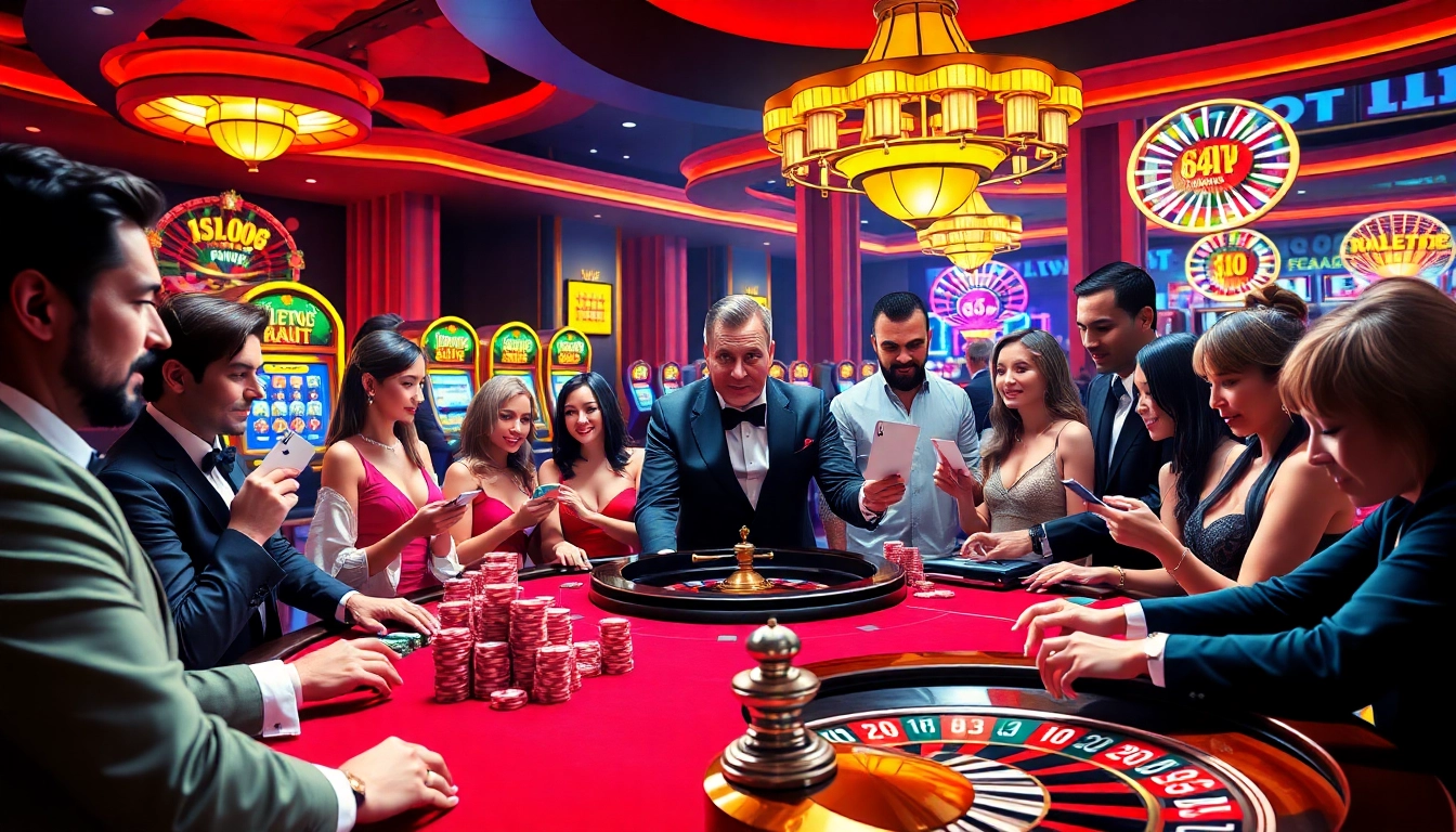 Players enjoying a thrilling game at 68VIP casino with vibrant poker chips and slot machines.