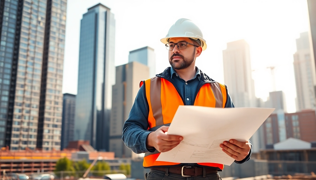 Manhattan Construction Manager reviewing blueprints on a busy construction site