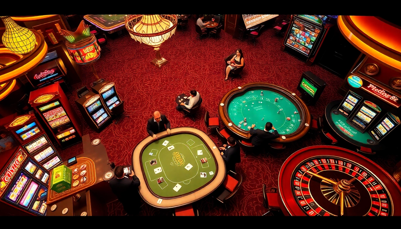 Exciting casino scene showcasing 8day.cn.com with vibrant slot machines and poker tables filled with action.