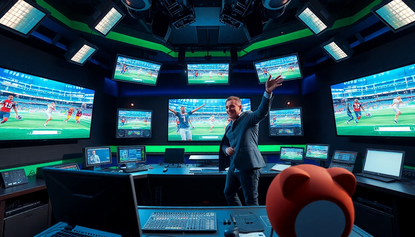Engaging sports broadcasting setup with a vibrant studio environment featuring a dynamic host.