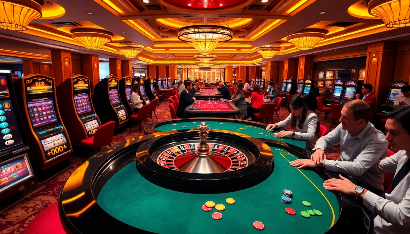 Exciting gameplay at Nohu90 com casino featuring roulette and poker engagement with vibrant decor.