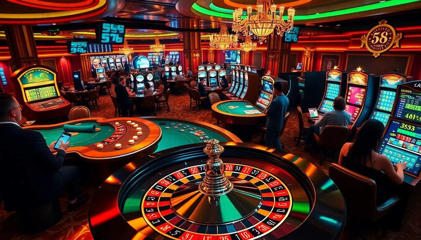 Players engaging in thrilling games at 58win online casino, surrounded by vibrant gaming elements.