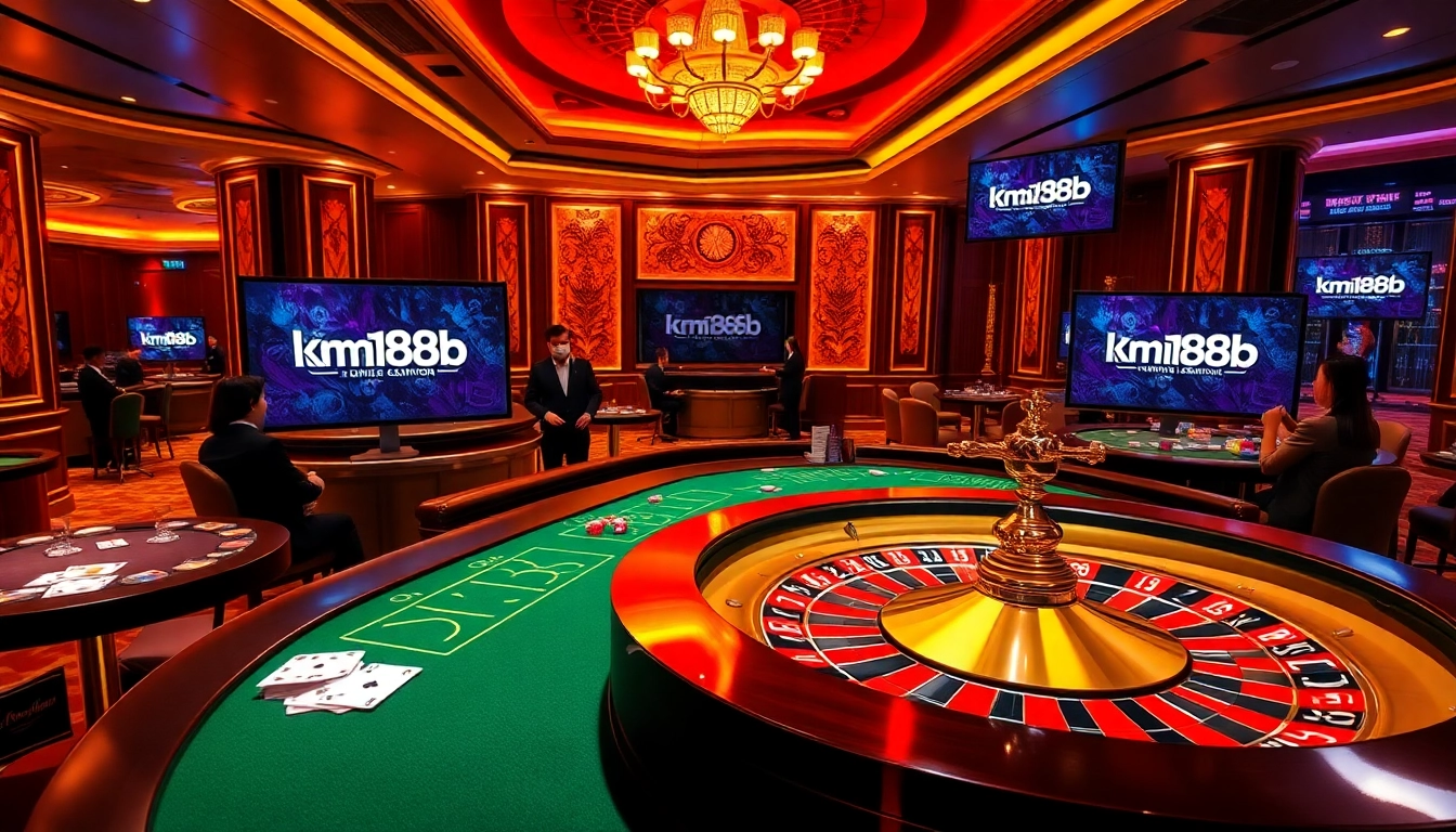 Players enjoying engaging casino games at km1888b in a luxurious environment filled with vibrant betting elements.