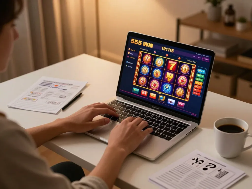 Engaging with the 555WIN online casino while enjoying a cozy home setup.