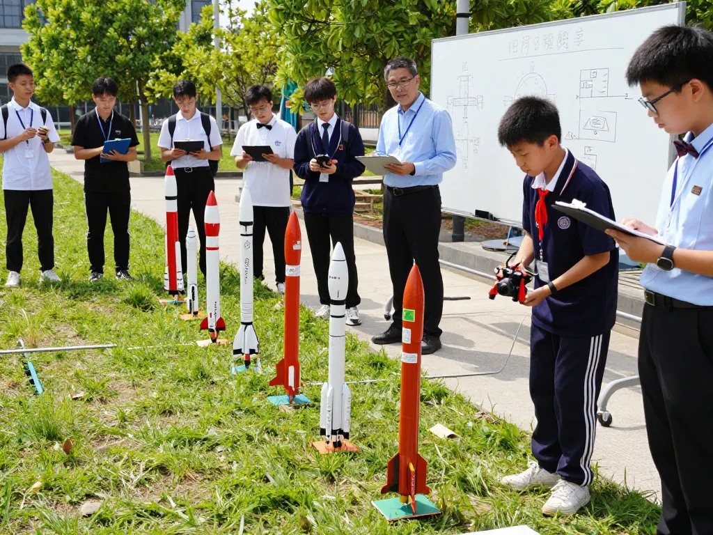 Students engaging with model rockets during a school launch event, showcasing the excitement of rocketry education.