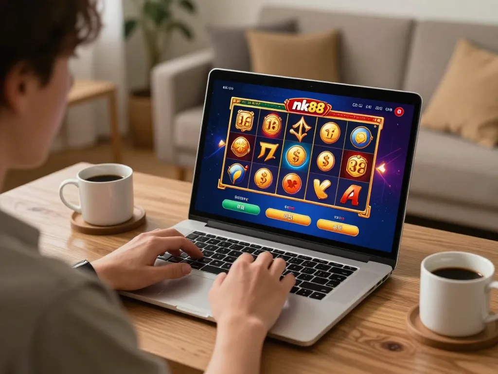 Player enjoying Nk88 online casino gaming on a laptop in a cozy home setting.