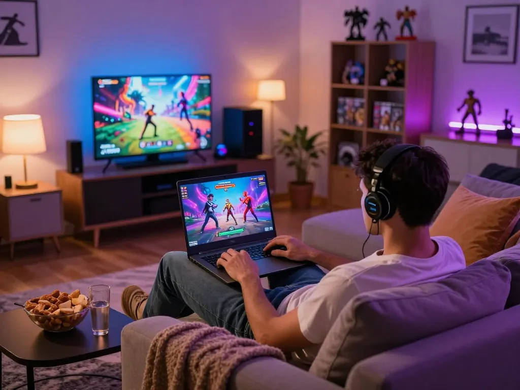 Gamer playing a colorful porn game in a cozy living room setting with snacks and vibrant lighting.