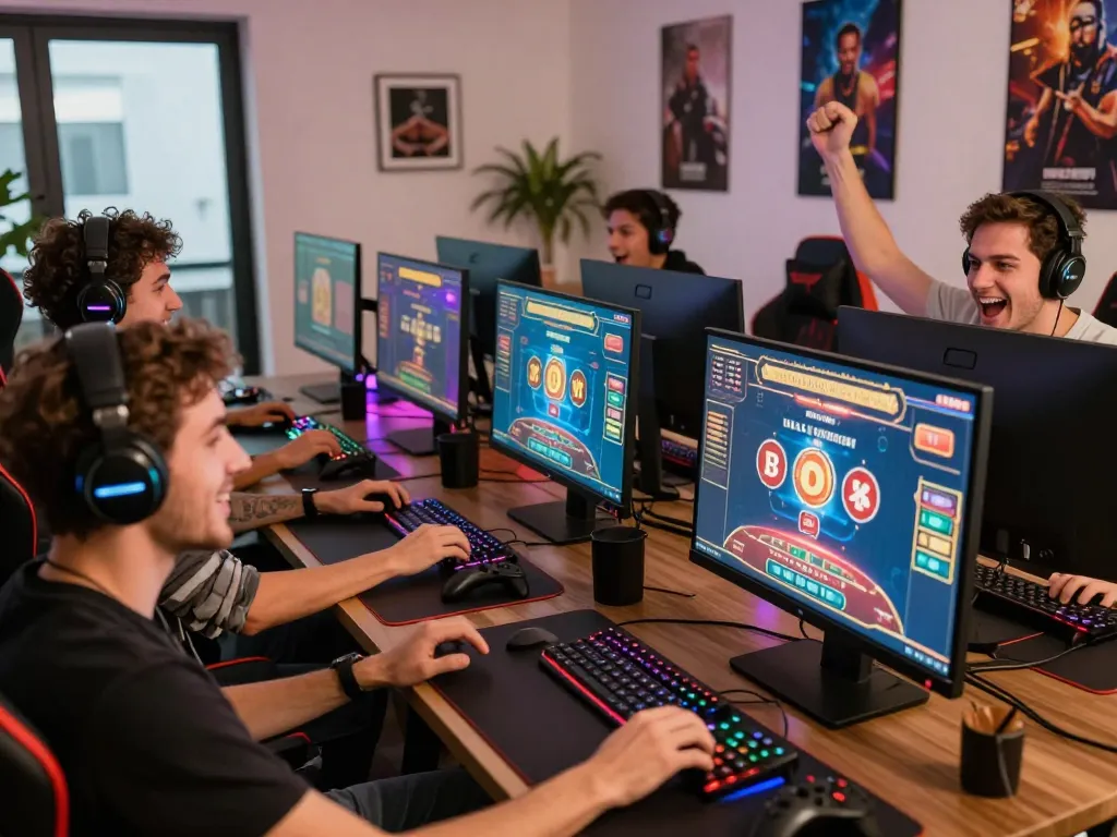 Exciting online gaming experience at TK88 with friends cheering on live casino games.
