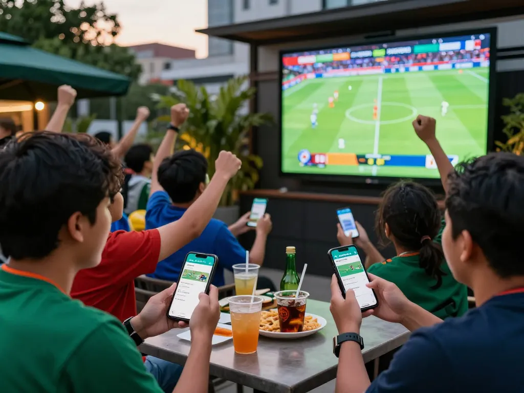Fans engaging in keonhacai sports betting strategies outdoors with live football updates and mobile betting apps.