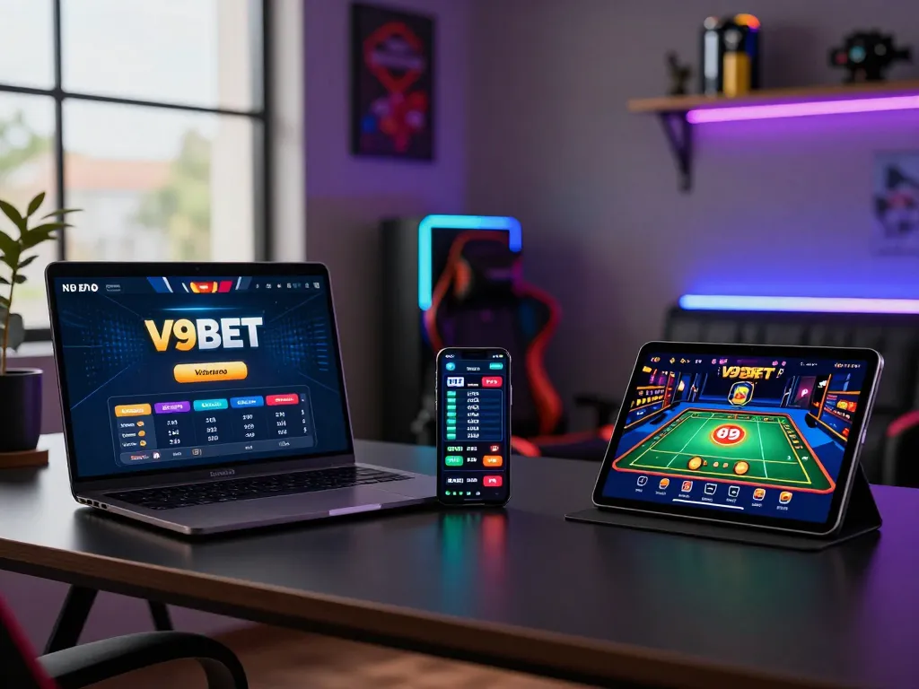 V9BET online betting experience with devices showing live games and odds in a vibrant home office.