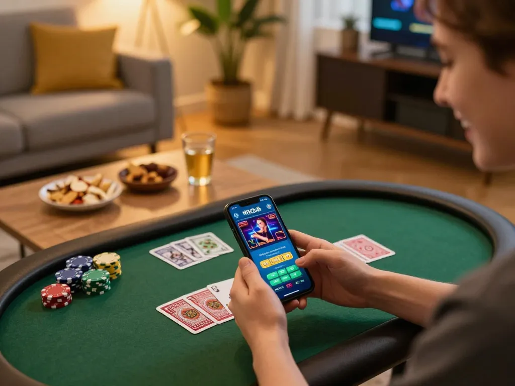 Playing casino games on the Hitclub app in a cozy living room environment