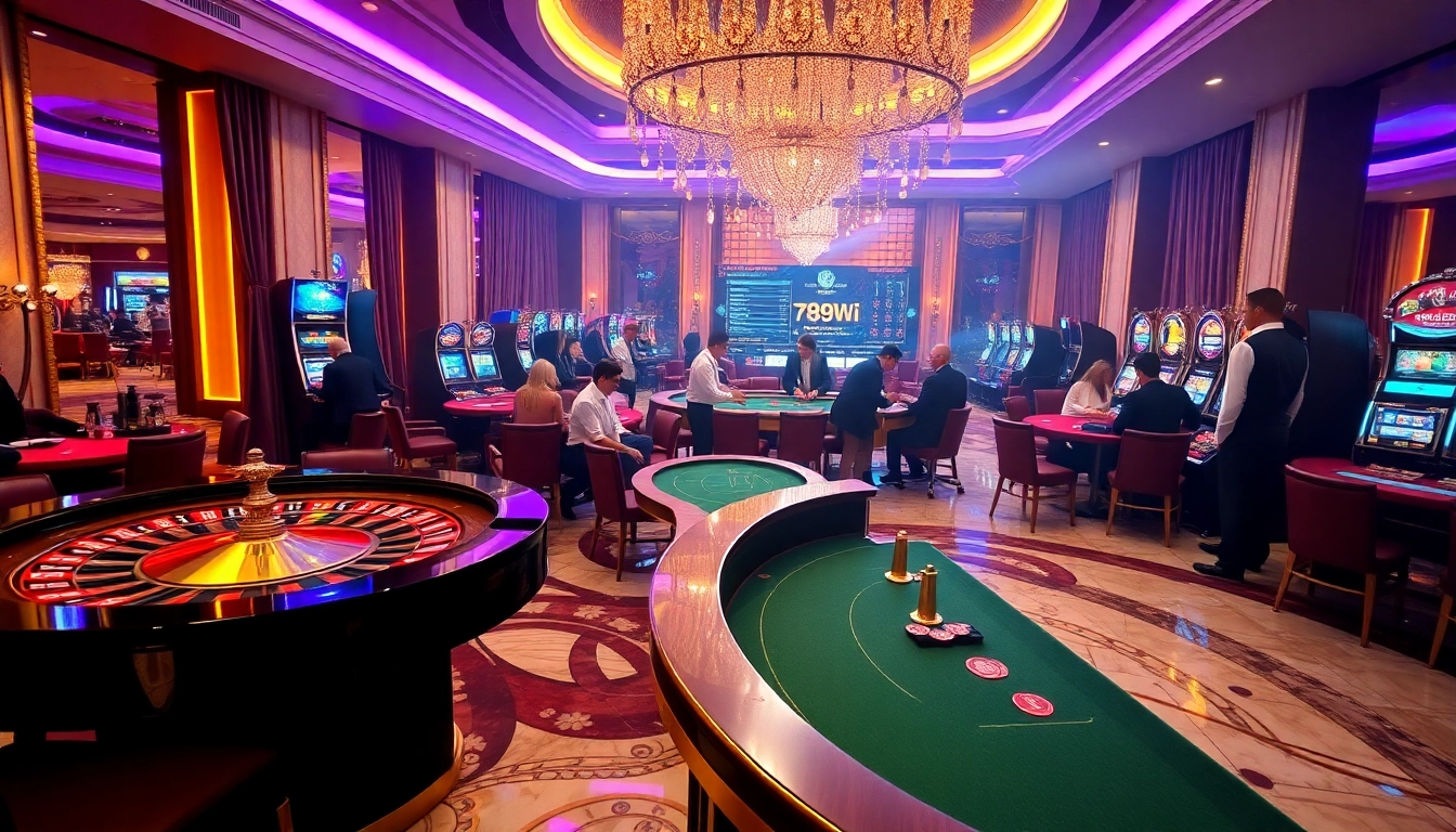 Dynamic gaming action with roulette and slots at https://789winii.com/ casino in a vibrant, luxurious setting.