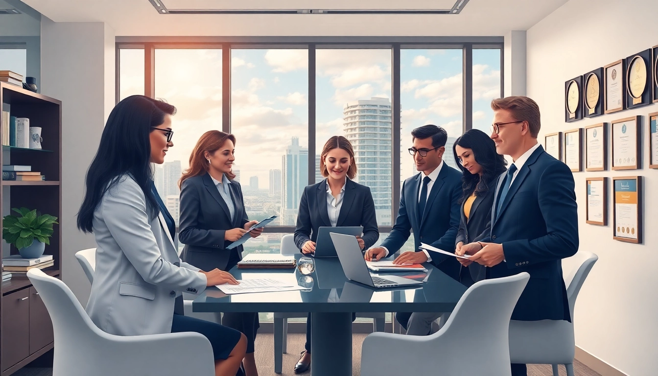 A diverse team collaborating in a modern law firm in the US, showcasing professionalism and a vibrant Miami skyline.