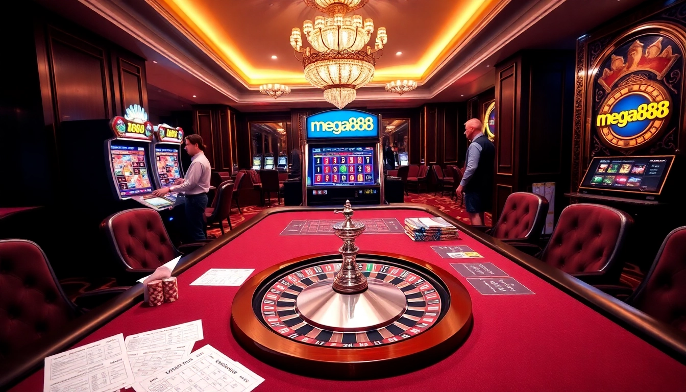 Mega888 gaming table with vibrant poker chips and betting slips in a luxurious casino.