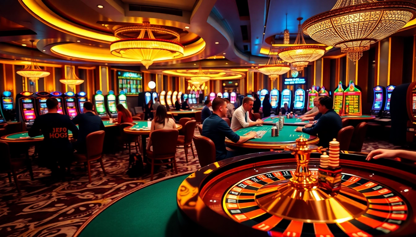 Gamblers enjoying the vibrant atmosphere of 8DAY casino with roulette and poker tables.