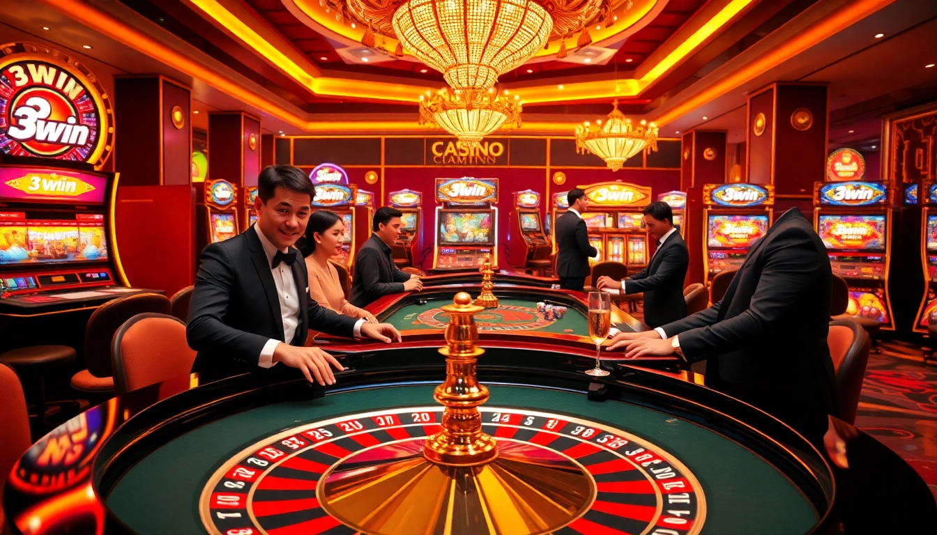 Engaging players at 3win roulette table, showcasing excitement and luxury in gambling atmosphere.